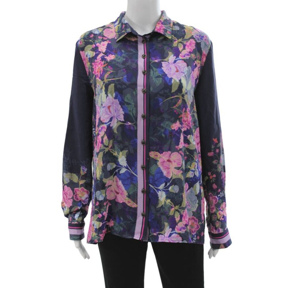 Jade Johnny Was Women Black Silk Floral Tunic Long Sleeve Collared Size M